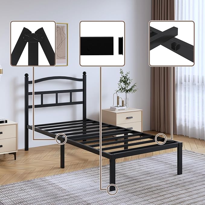 SHOANED 14 Inch Metal Bed Frame - Twin Size Heavy Duty Bedframe with Headboard Black Basic Steel Slats Platform No Box Spring Needed/Easy Assembly/Noise Free