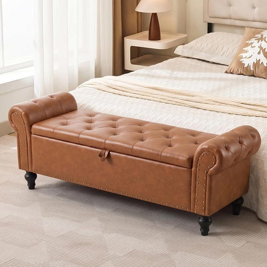 55" Storage Bench for Bedroom, Upholstered Ottoman Bench, Leather Brown | End of Bed Bench for Bedroom, Window Benches for Living Room, Entryway, Ottoman with Large Storage Space, Pet Friendly