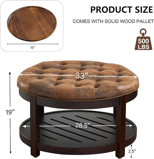adochr Round Coffee Tables for Living Room,33’’ Storage Ottoman with Wooden Tray, Upholstered Ottoman Footrest, Light Brown