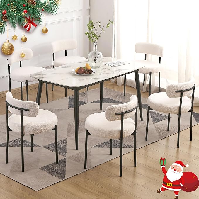 EDWELL White Dining Chairs Set of 6, Modern Dining Room Chairs with 3.94“ Cushions Mid-Century, Round Upholstered Boucle Chairs for Kitchen, Living Room, Kitchen Chairs with Black Metal Legs