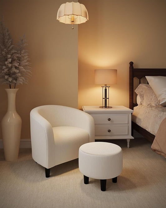 GarveeHome Accent Chair with Ottoman, Corduroy Barrel Chair for Living Room, Comfy Armchair with Footrest for Small Spaces, Reading Nook Chair, Beige