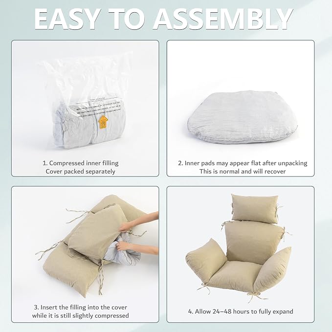 Egg Chair Cushion with 8 Securing Straps, Water-Repellent & Fade-Resistant Faux Linen, Removable Cover, Replacement Cushion for Most Single Outdoor Hanging Swing Egg Chairs – Nature