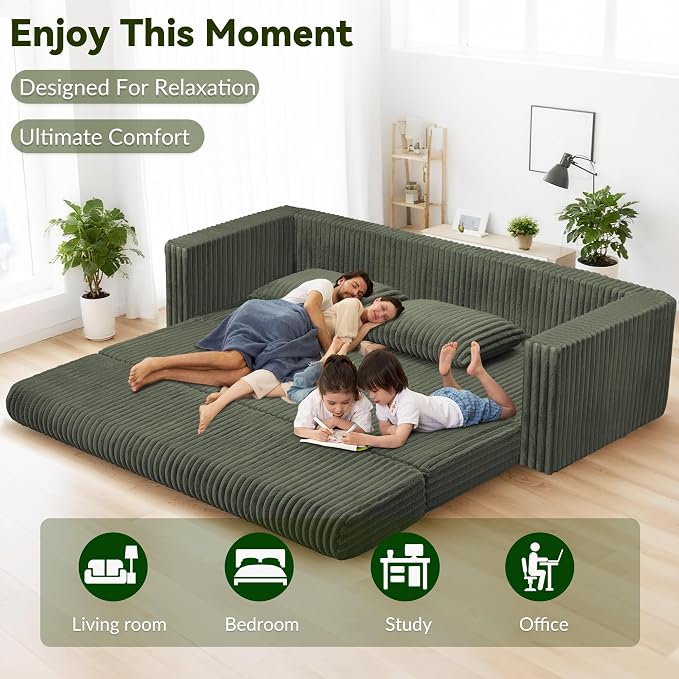 HABUTWAY 78" Loveseat Boneless Couch, 4-in-1 Convertible Sofa Bed, Plush Fur Folding Futon Sofa Bed Couches with 2 Pillows for Living Room, High-Density Foam Support, No Assembly Required, Green