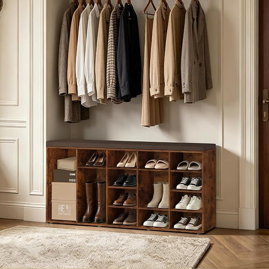 DINZI LVJ Shoe Storage Bench, 20-Cubby Shoe Rack Bench with Cushion, Fully Adjustable Shelves, Shoe Organizer for Closet, Entryway, Mudroom, Hallway and Garage, Rustic Brown