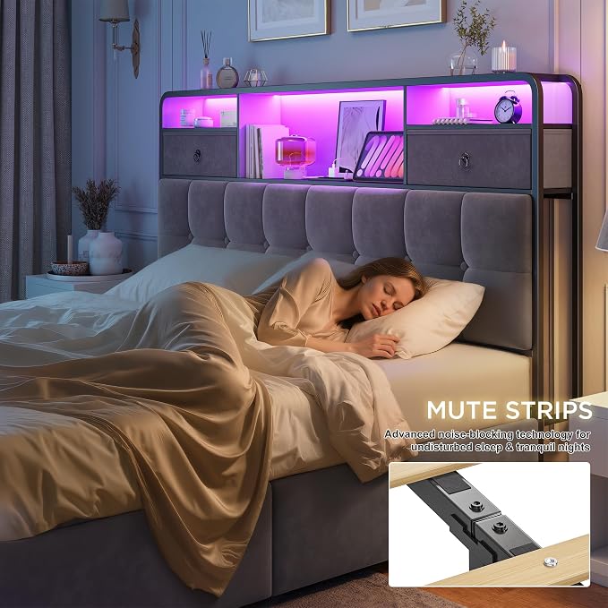 EnHomee Full Size Bed Frame with Velvet Upholstered Headboard and 6 Storage Drawers,Modern Bed Frame Full with LED Lights and Charging Station,No Box Spring Needed,Noise-Free, Easy Assembly,Grey