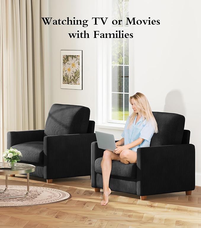 Kidirect 35.5in Corduroy Couch Accent Chair, Tool-Free Setup Living Room Sofa Accent Chairs, Reading Chair for Bedroom 22.5in Extra Deep Seats, Comfy Arm Chairs for Office, All-Wood Reading Nook Black