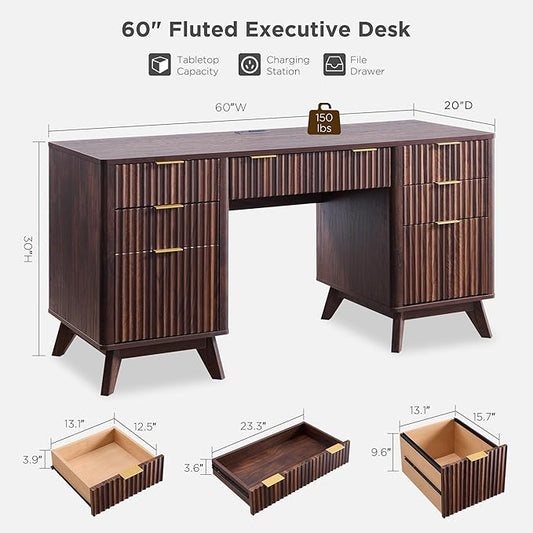 T4TREAM Fluted Executive Desk with Drawers, 60" Modern Home Office Computer Desk with Charging Station, File Cabinet, Keyboard Tray and Storage Cabinet for Study, Living Room, Bedroom, Dark Walnut