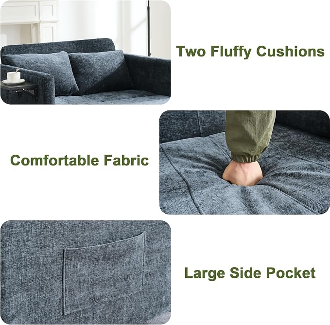 45" Oversize 3-in-1 Sleeper Chair Pull Out Bed, 75" Long Single Sleeper Sofa Bed with Wing Table and Side Pocket for Living Room, Bedroom, Small Space, Blue