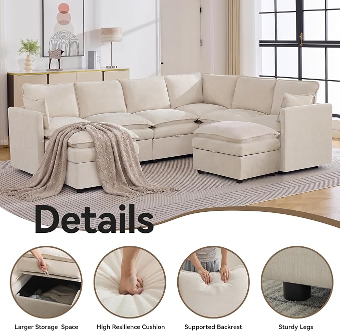 105" Beige Modular Storage Sofa, U Shaped Chenille Couch with 2 Ottomans | Oversized Convertible Sectional Sofa, 6-Seat Sectional Couch With 2 Ottomans, Large Cloud Couch For Living Room, Apartment.