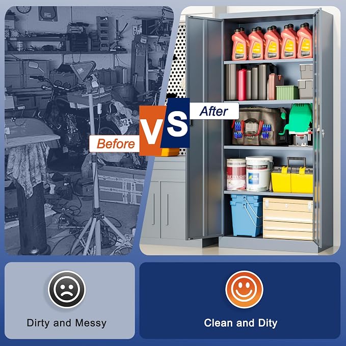 BESFUR Metal Garage Storage Cabinet with Locking Doors and 4 Adjustable Shelves, Gray Tall Storage Cabinets, Tool File Lockable Cabinet for Garage Office Warehouse Shop(71”H)