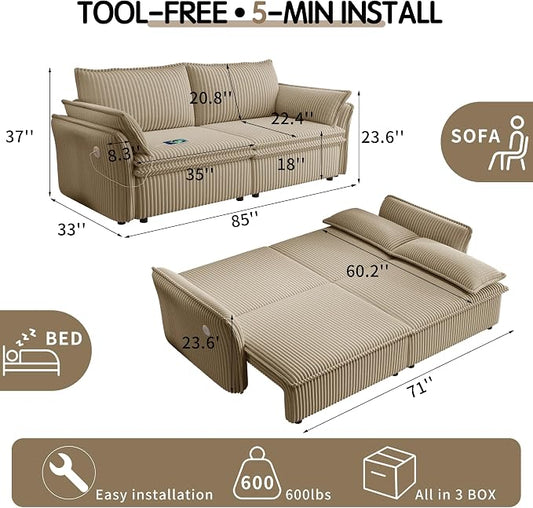 85'' Sofa Bed Full Size, Tool-Free Assembly, 3 in 1 Convertable Sleeper Sofa, Corduroy Couches with Pull Out Bed, USB & Storage, Modern Loveseat for Small Space, Living Room, Corduroy Camel