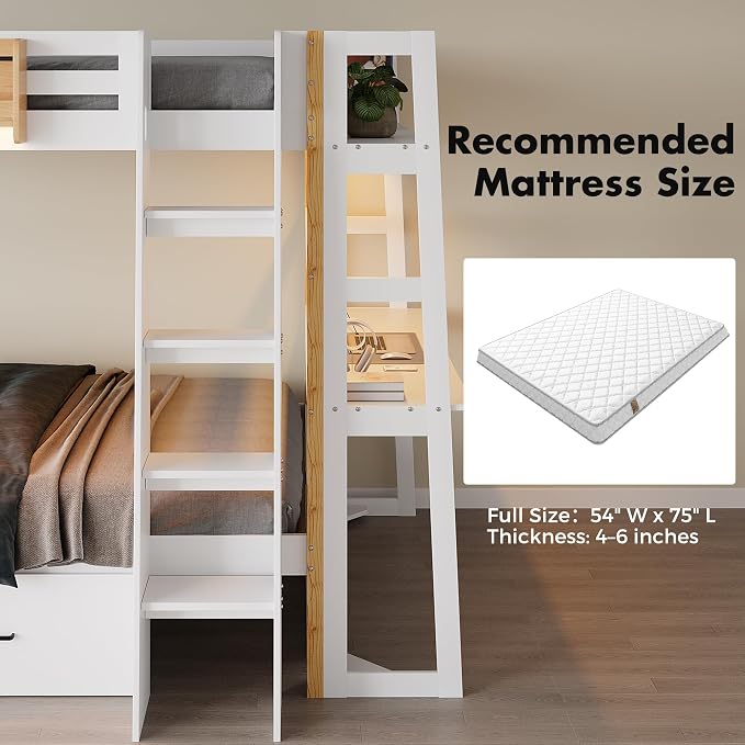 Wooden Full Over Full Bunk Bed with Desk, Convertible Solid Wood Frame with LED Lights, Built-in Outlets, Ladders and Rolling Drawers, Sturdy Wood Bunk Bed High Weight Capacity, Space-Saving