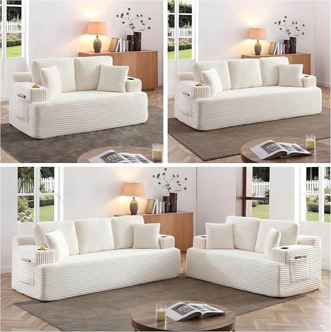 Boneless Sofa Couch Set with Cup Holders & Side Pockets, Modern Corduroy Fabric Upholstered 3-seat Couch & Loveseat Set with 4 Throw Pillows for Living Room, Office, No Assembly (Beige)
