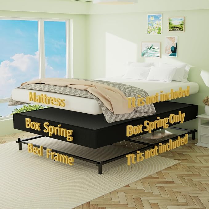 Superay Queen Box Spring, 5 inch Box Spring for Queen Bed, Heavy Duty Metal Bed Frame with Fabric Cover, 3000lbs Max Weight Capacity Bed Base Mattress Foundation, Easy Assembly, Noise Free, Black