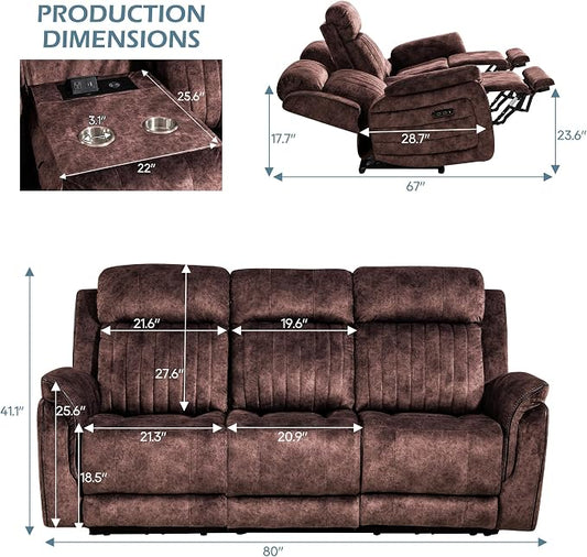 Zero Gravity Power Reclining Sofa with Adjustable Headrest, Electric Reclining Couch with Wireless Charge, USB Ports, Power Loveseat Recliner Sofa for Living Room(Brown-Sofa)