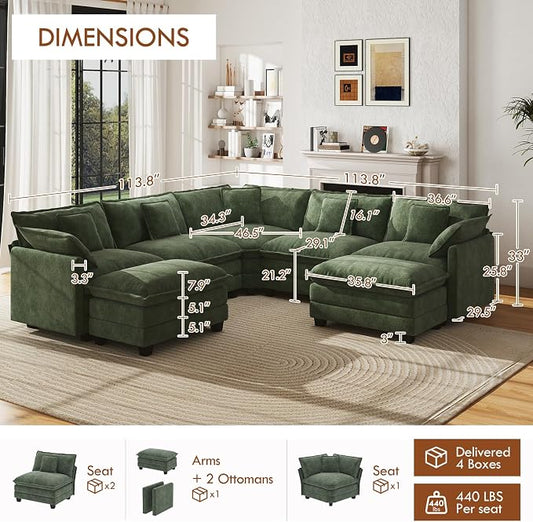 WorthFurni 114” Oversized Modular Sectional Sofa, 7-Seater V Shaped Cloud Couch Set, Comfy Chenille Deep Seat Couches with 2 Movable Ottomans, DIY Combination for Living Room (Green)
