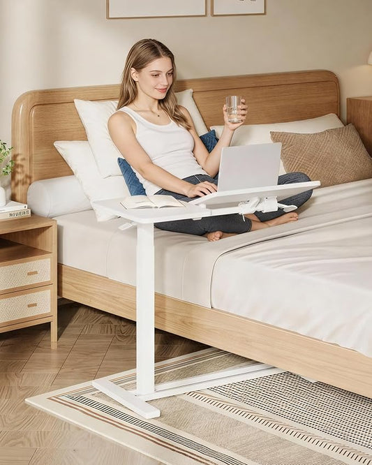 SANODESK Small Rolling Overbed Table Adjustable Height with Wheels, Mobile Laptop Desk with Tilting Desktop, Portable Computer Workstation for Home Office, Classroom, Bedside, White