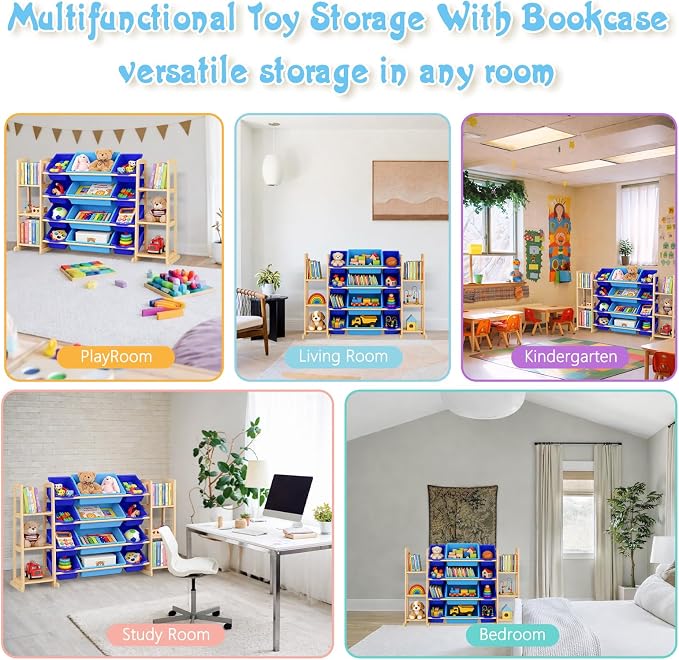 Kids Toy Storage Organizer with Bookshelf – Wooden Shelf with 12 Bins & 6 Shelves, Quick Assembly Storage Rack for Playroom, Bedroom, Nursery– Blue