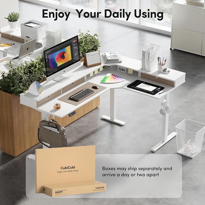 CubiCubi 63x48 Inches L Shaped Standing Desk with 3 Drawers and Monitor Shelf, Height Adjustable Corner Computer Desk with Hooks, Sit Stand Up Ergonomic Home Office Workstation Table, Warm White