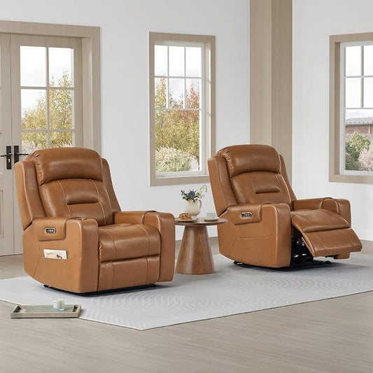 Watson & Whitely Oversized Genuine Leather Power Recliner Chairs for Big and Tall, Extra Wide Lay Flat Recliner with Power Headrest & Cup Holders, Electric Reclining Sofa for Living Room, Saddle