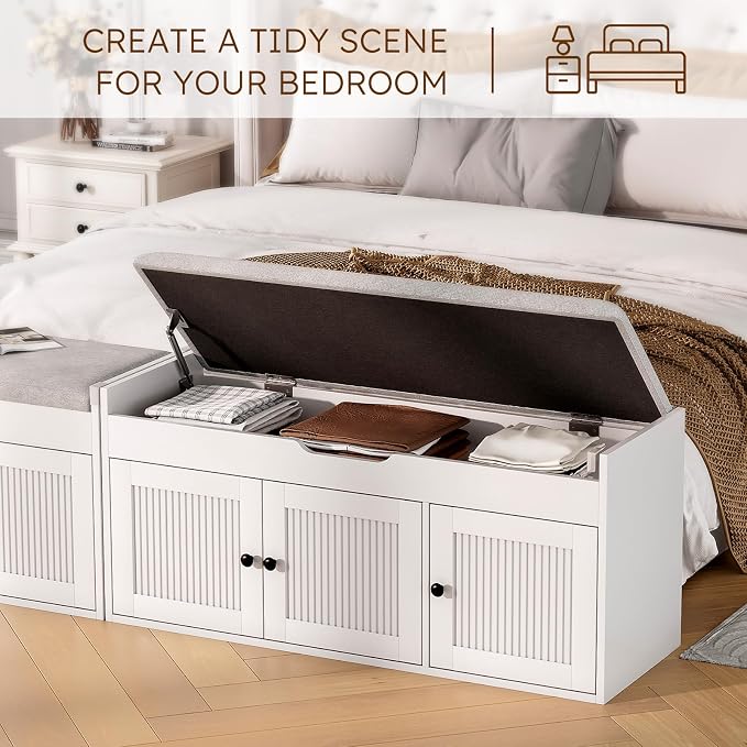 40" Storage Bench - Entryway Shoe Bench with 3 Doors and Top Storage Area, Multifunctional Entryway Bench with Lift Top Cushion, Shoe Storage Bench for Bedroom, Living Room, White