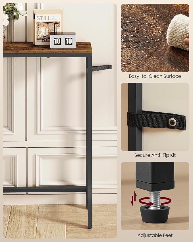 VASAGLE Narrow Console Table with Power Outlet, Behind Couch Sofa Tables, Easy Assembly, for Entryway, Living Room, 5.9 x 78.7 x 31.5 inches, Rustic Brown and Ink Black, Barnet Collection ULNT077K101