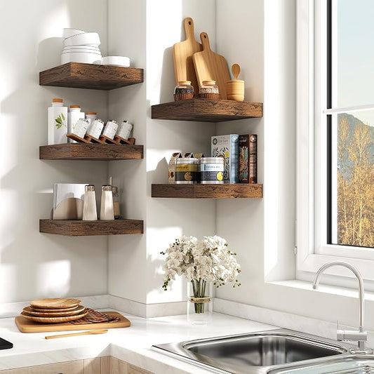 Fun Memories Floating Shelves for Wall - 10" x 10" Wood Shelf with Invisible Bracket - Deep Floating Shelves - 10 Inch Shelf Wall-Mounted for Living Room & Bathroom - Rustic Brown - Set of 2