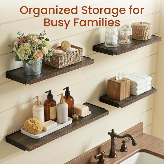BAYKA Wall Shelves for Bathroom Decor, Floating Wall Shelves for Living Room Kitchen Storage, Mounted Rustic Wood Floating Shelves for Kids Books, Corner Shelf for Bedroom(Rustic Brown,Set of 4)