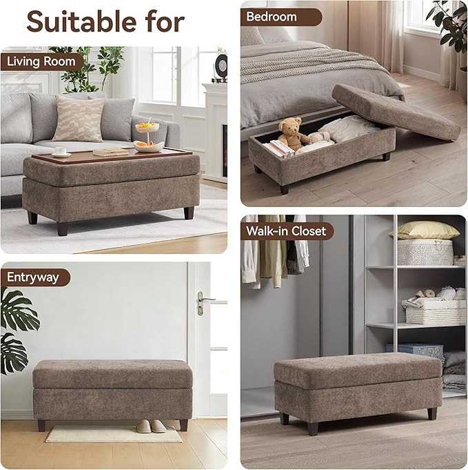 45 Inch Large Storage Ottoman Bench with Wooden Tray Coffee Table, Brown Chenille Upholstered Foot Rest, Multifunctional Foot Stool Ottoman for Living Room, Bedroom & Entryway, Solid Wood Legs