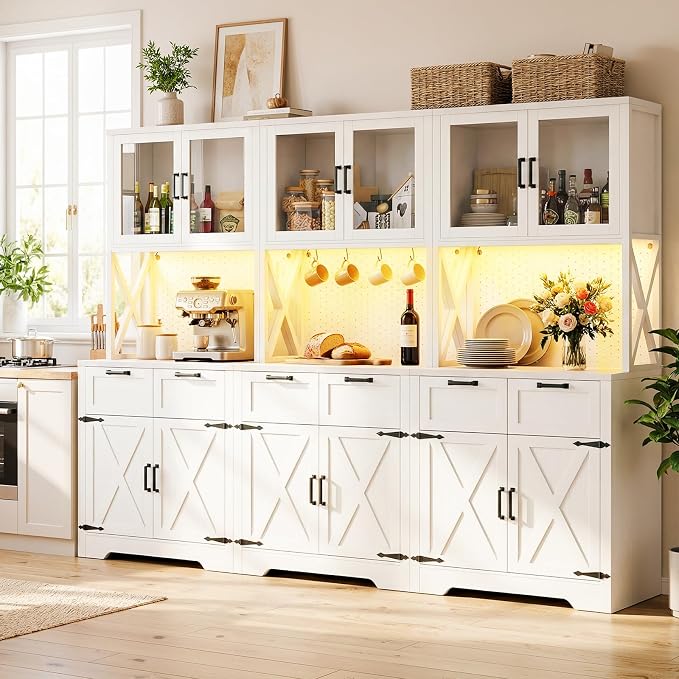 Unikito 94.5" Extra Wide Kitchen Pantry Cabinet with 3 Power Outlets & LED Light, 71" Tall Large Kitchen Hutch Cabinet with Countertop, DIY Pegboard with Hooks & Drawers, Farmhouse Food Pantry, White