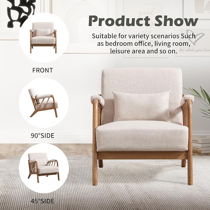 INZOY Accent Chairs Set of 2, Mid Century Modern Accent Chair with Wood Frame, Upholstered Reading Armchair with Soft Linen Fabric, Accent Chair for Living Room Bedroom Apartment, Easy Assembly, Beige