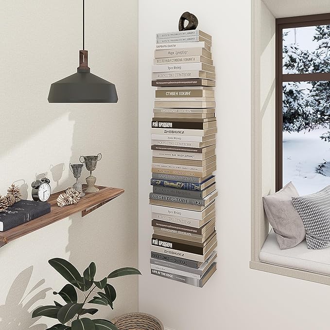 Mefirt Invisible Floating Bookshelves for Wall, 6 Tier Vertical Spine Book Tower, Heavy Duty Floating Book Shelves Metal Book Organizers for Home Office, 3 Pack(Black)