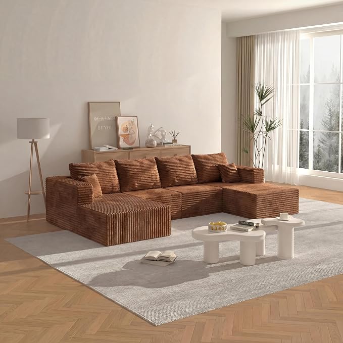 138" Modern Modular Sectional Sofa, U-Shaped Cloud Couch, Soft Corduroy Boneless Couch with 3060 High Rebound Memory Foam, Sectional Couches for Living Room-Brown(Left Facing Chaise)