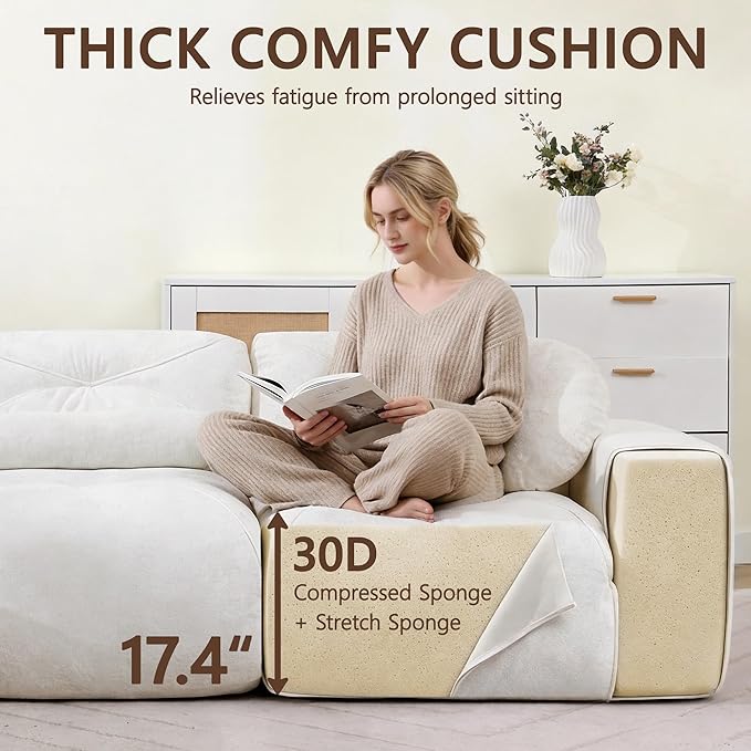 82" Modular Sectional Cloud Couch, L Shaped Sofa Boneless Couches with Movable Ottoman, 2 Deep Seat Modern Comfy Velvet Sofa for Living Room, Bedroom, Apartment (Beige)