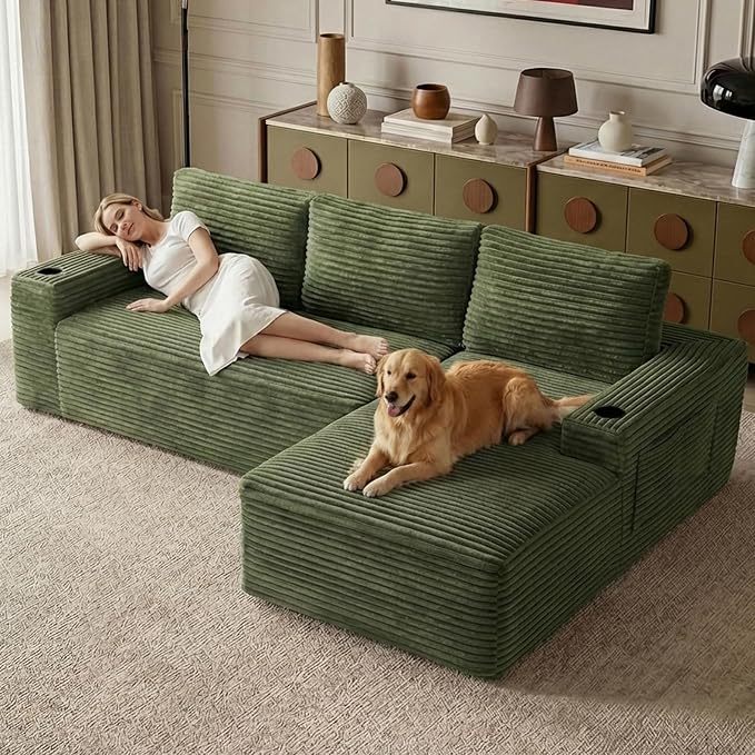 104" Cloud Sectional Couch L-Shaped with Side Pockets Cup Holders, Corduroy Boneless Couch for Living Room,Upholstered Deep-Seat Modular Sectional Sofa, No Assembly Required(Green,Right Facing Chaise)