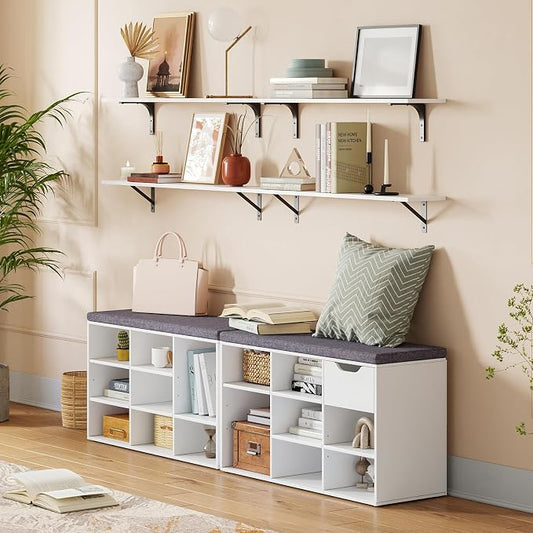 DINZI LVJ Shoe Storage Bench with Cushion, Cubby Shoe Rack with 9 Cubbies, Adjustable Shelves, Multifunctional Shoe Organizer Bench for Entryway, Mudroom, Hallway, Closet and Garage, White