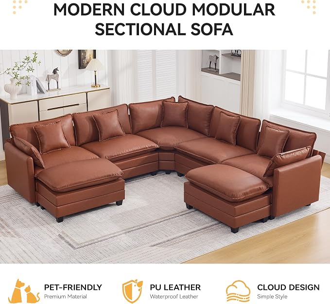 137'' V Shaped Cloud Sectional Sofa, Oversized Deep Seat Leather Couches for Living Room, Comfy Upholstered Modular Sectional Sofa Couch, Leather Brown