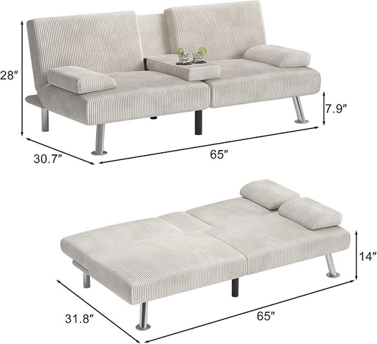 Shahoo Modern Upholstered Convertible Folding Futon Sofa Bed with Removable Armrests, Metal Legs, 2 Cup Holders for Living Room, Beige