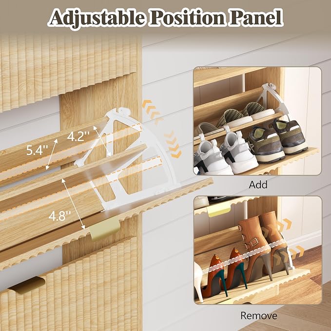 HUANLEGO Shoe Cabinet Storage for Entryway with 3 Flip Drawers, Fluted Narrow Shoe Organizer with Wooden Legs, Freestanding Slim Shoe Storage Hidden Shoe Rack Organizer for Front Door Entrance, Oak