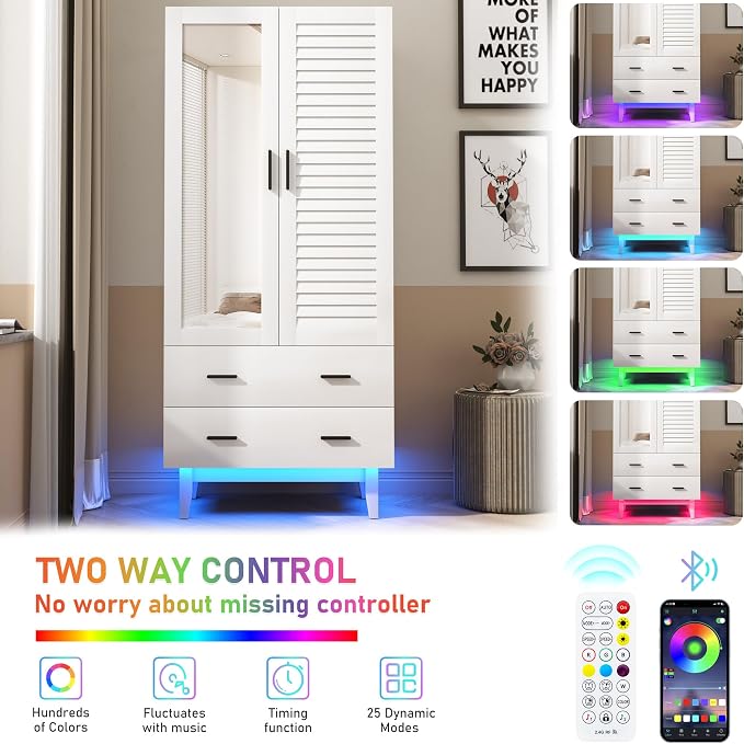 Hlivelood 2 Door Armoire Wardrobe Closet Cabinet with Mirror, Drawers and LED Lights, Multi-Tier Shelves, Hanging Rod & 2 Louver Doors, Large Capacity Storage Wardrobe Armoire for Bedroom, White