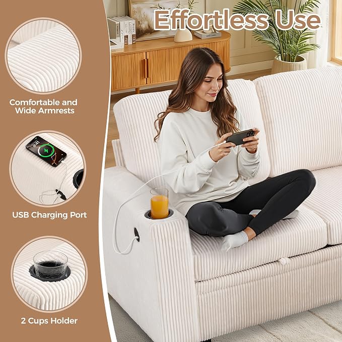 Sectional Sleeper Sofa with Pull Out Bed, Plush Corduroy L Shaped Corner Couch with Storage, USB Ports, Cup Holders, Comfy Sectional Couches for Living Room, White