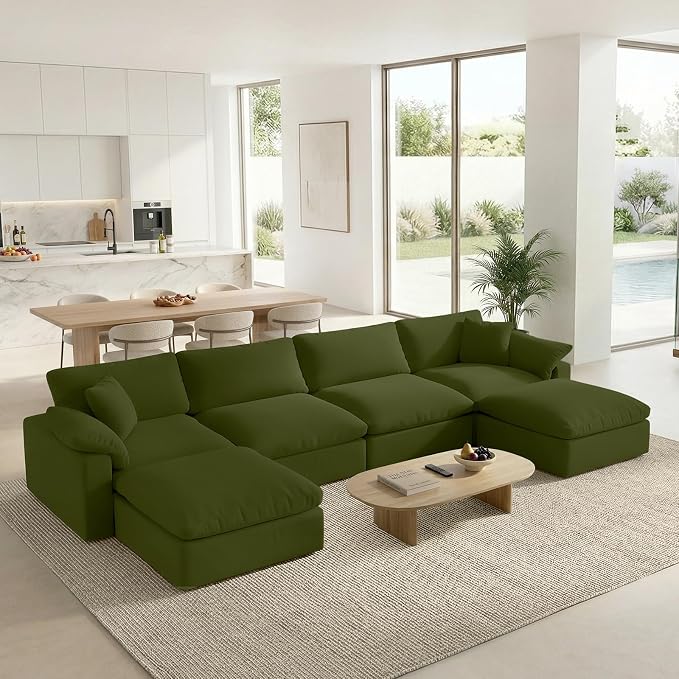 Modern Modular Sectional Sofa U-Shaped 6-Seat with Ottoman,Green-Extra Comfty Deep Seat Couch for Living Room,Apartment,Office & Small Spaces
