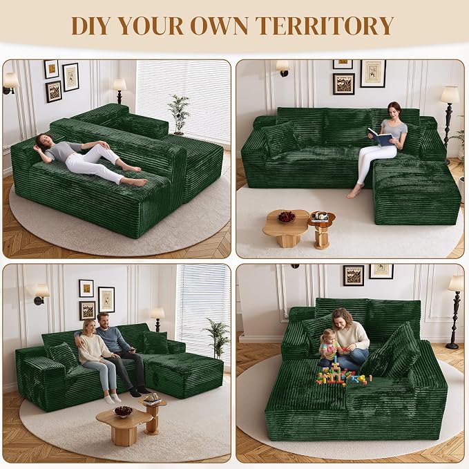 108" L Shaped Boneless Sectional Couches for Living Room, Comfy Corduroy Floor Cloud Sofa with Chaise, Wide Armrest, Deep Seat, Memory Foam, Assembly Free, Ideal for Small Spaces, Green