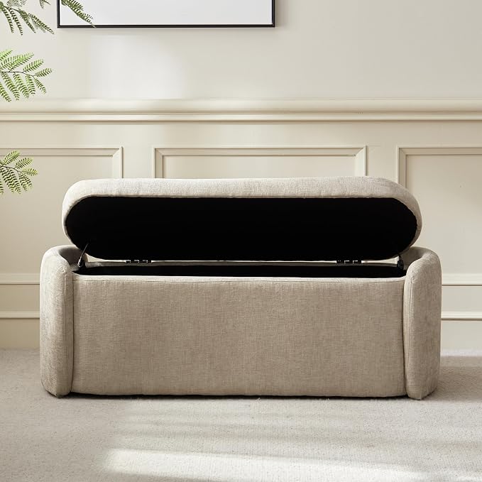 VKNOW 46" Oval Storage Ottoman Bench, Upholstered End of Bed Bench Ottomans Bench Foot Rest, Sherpa Storage Bench for Bedroom, Living Room and Hallway, Light Brown