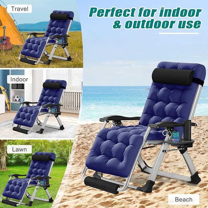 DoCred Oversized Zero Gravity Chair, 29In XL Lawn Folding Lounge Chairs, Lawn Recliner, Reclining Patio Lounger Chair, Folding Portable Chaise with Detachable Soft Cushion, Cup Holder, Headrest