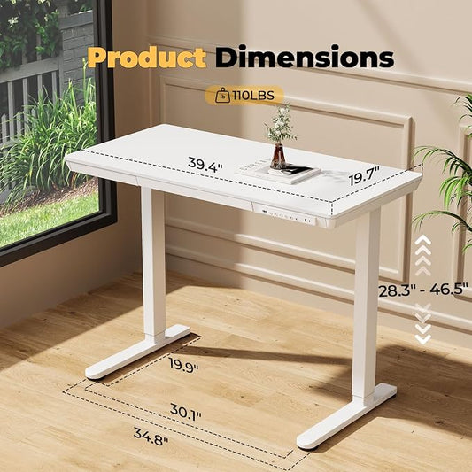 Electric Standing Desk with Drawer, 40" x 20" Whole Piece Tabletop Samll Sit Stand Desk, Height Adjustable Desk with Storage & USB Ports, Quick Install Home Office Computer Desk, White