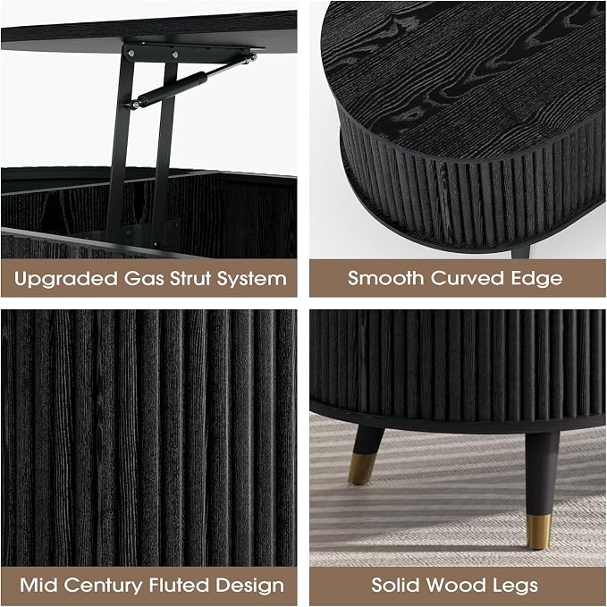 Oval Lift Top Coffee Table with Storage, 42.5” Fluted Coffee Table with Lifting Top & Solid Wood Legs, Mid Century Modern Center Table for Living Room, Home Office, Black