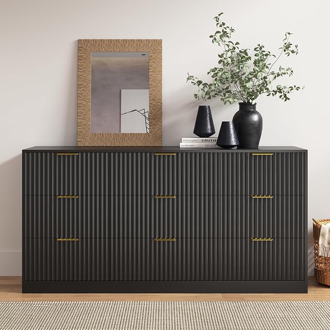 Black 9 Drawer Dresser for Bedroom, 63" Wide Modern Fluted Chest of Drawers, Wooden Dresser with Gold Metal Handles, Mid Century Large Dresser TV Stand for Living Room Hallway