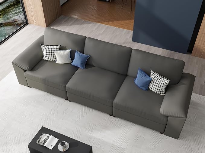 EASE MOOSE 3 Seater Deep Seat Sectional Sofa, Scratch Resistant Faux Leather Material, Oversized Modular Couch for Living Room,Modern Comfy Sofas for Small Spaces,Grey