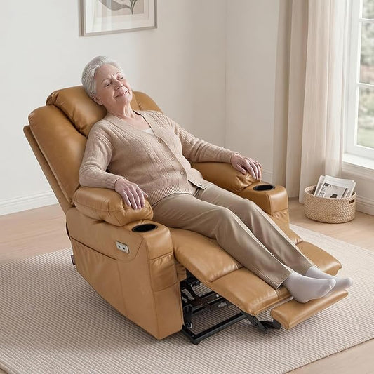 MCombo Power Lift Recliner Chair for Elderly, Lift Chair with Heat and Massage, FSC Certified, USB Ports, Cup Holders, Faux Leather 7141 (Tawny, Small)